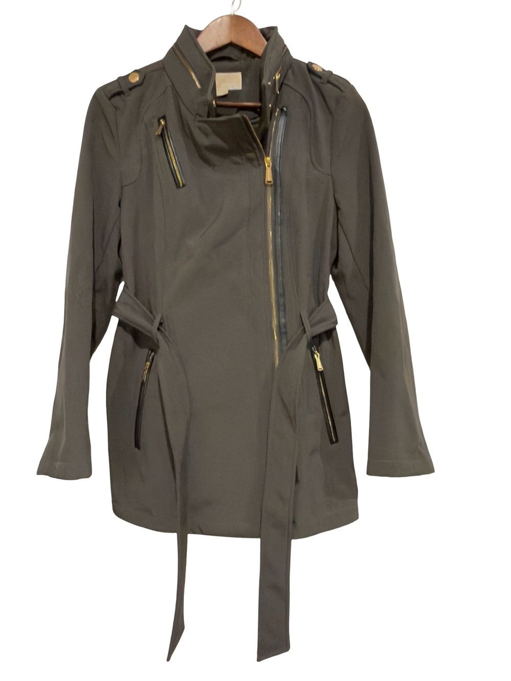 Michael Kors Olive Trench Coat with Asymmetrical Zip and Belt